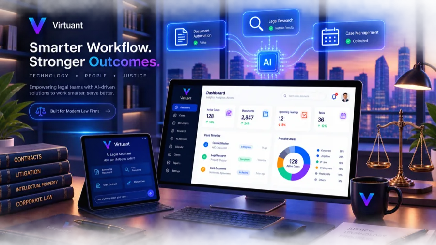 A legal operations dashboard built by Virtuant, showing matters, case timeline and practice areas.