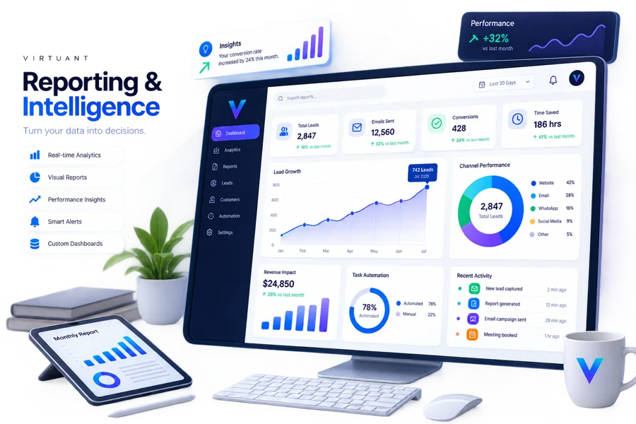 A Virtuant reporting dashboard showing lead growth, channel performance, revenue and task automation.