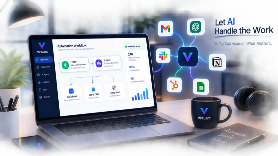 An automation workflow running on a laptop, connected to the everyday tools a business already uses.